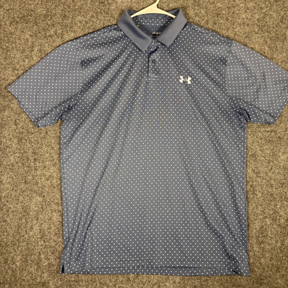 Under Armour Performance Polo Mens Large Blue Polka Dot HeatGear Tech Golf Shirt